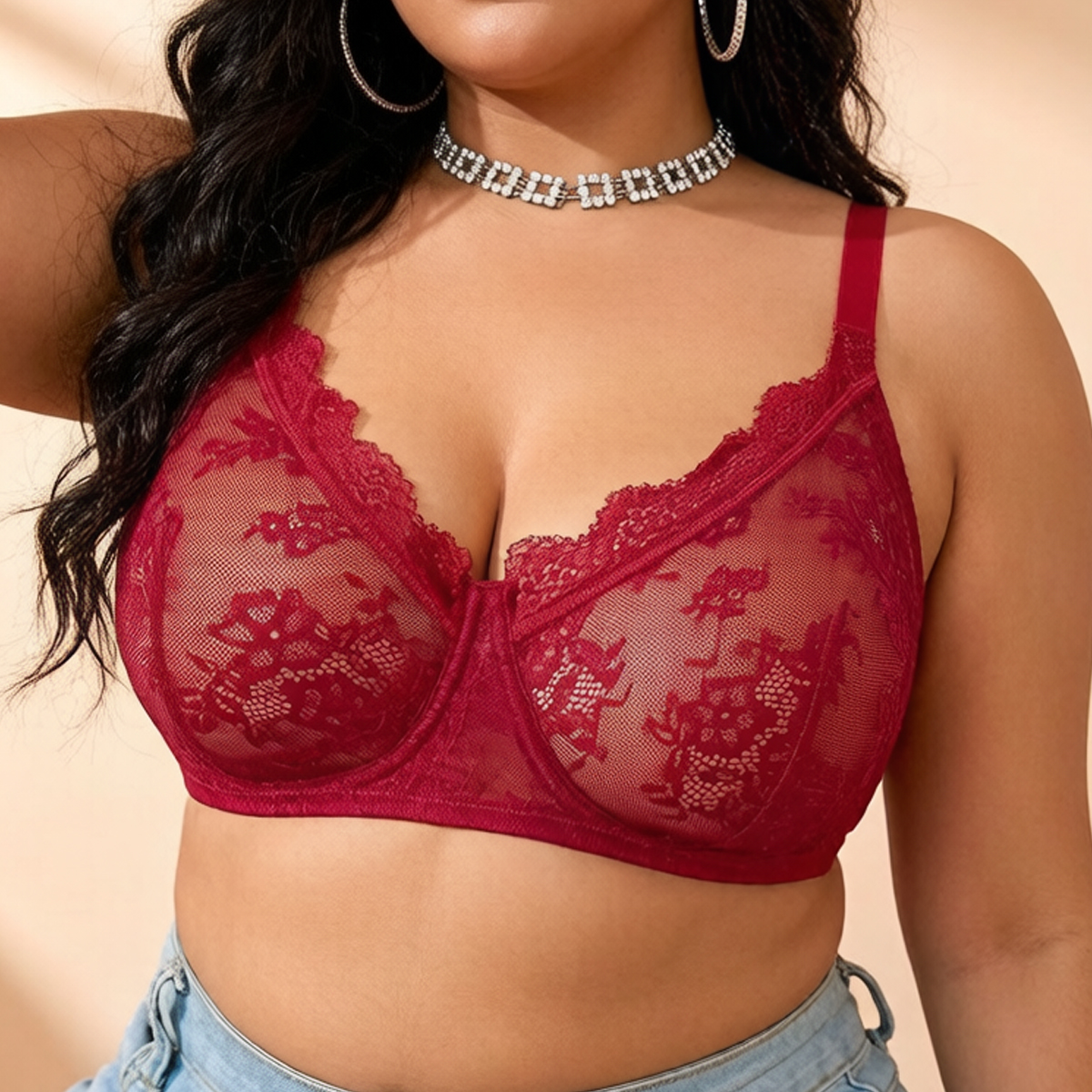 Women Plus Size Red Lace Sheer - Sheer Bra Lace บทวิจารณ์และราคา