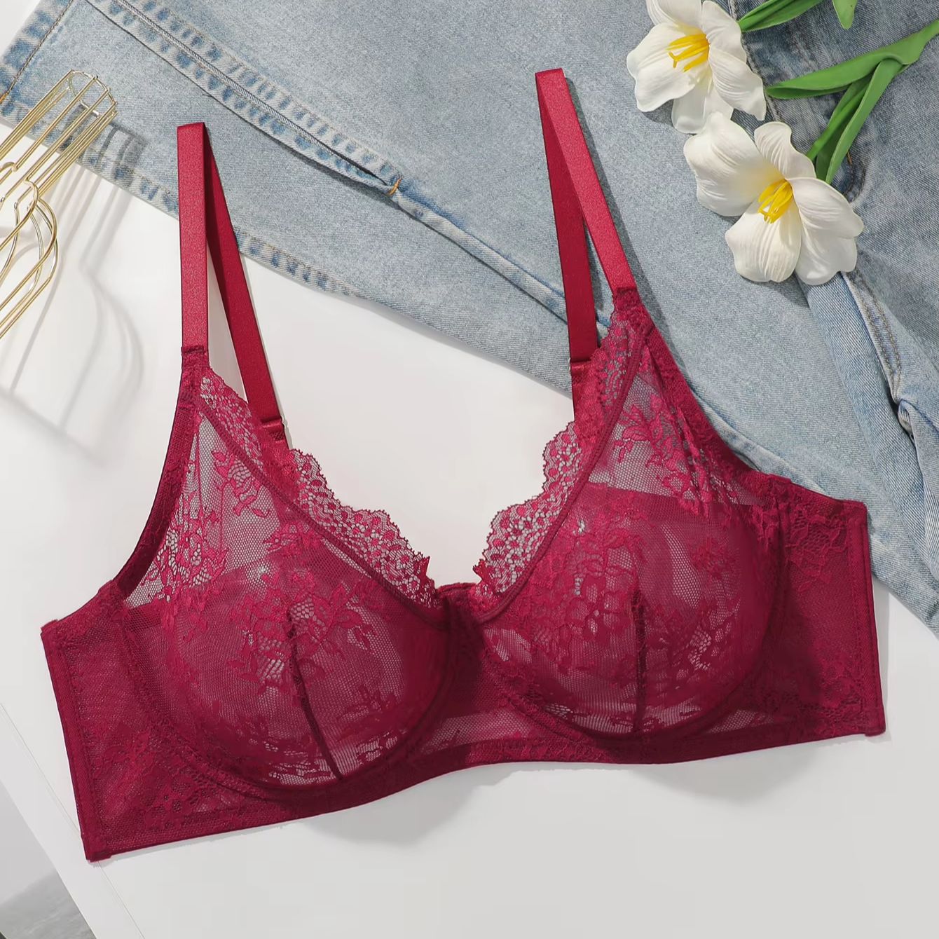 Women Plus Size Red Lace Sheer - Sheer Bra Lace บทวิจารณ์และราคา