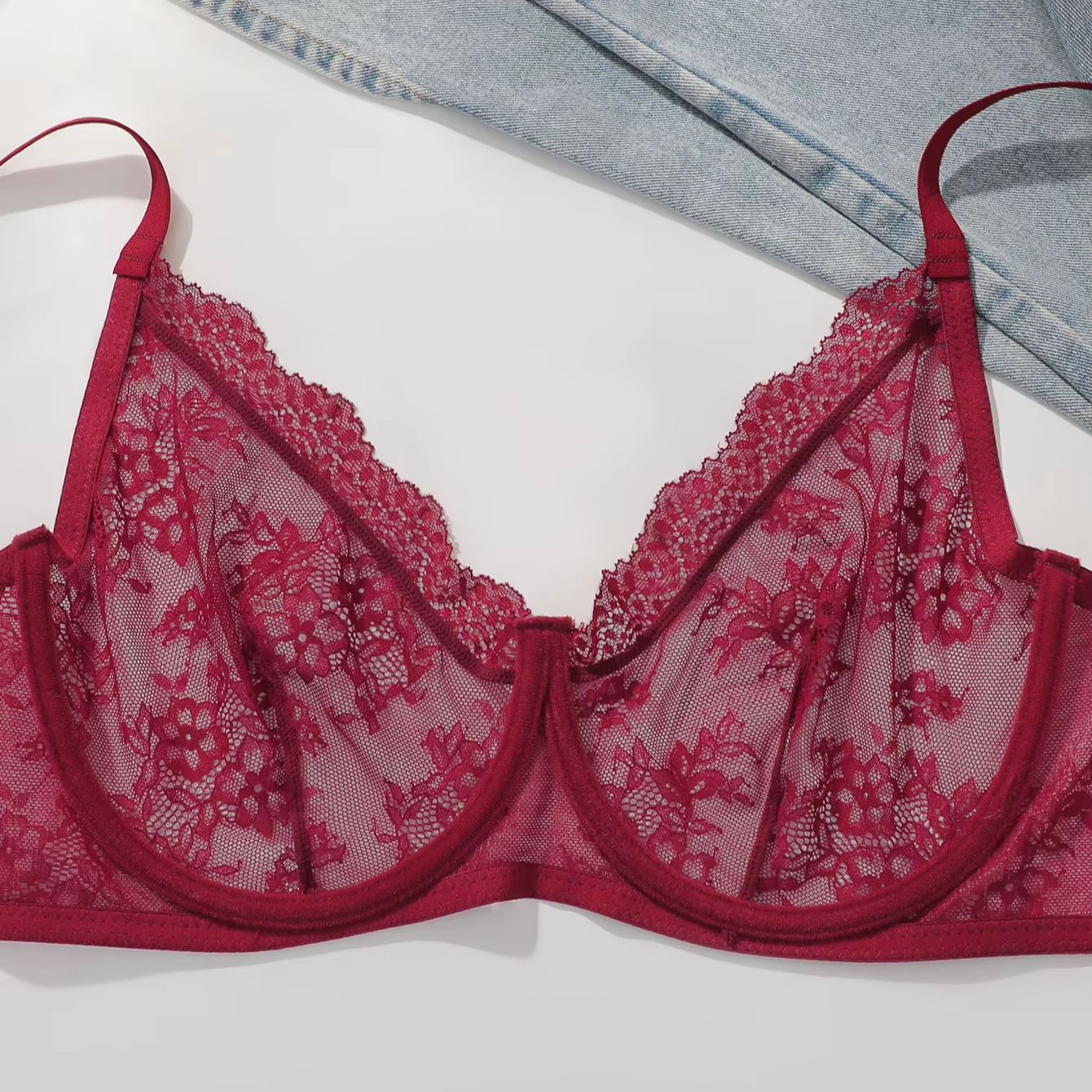 Women Plus Size Red Lace Sheer - Sheer Bra Lace บทวิจารณ์และราคา
