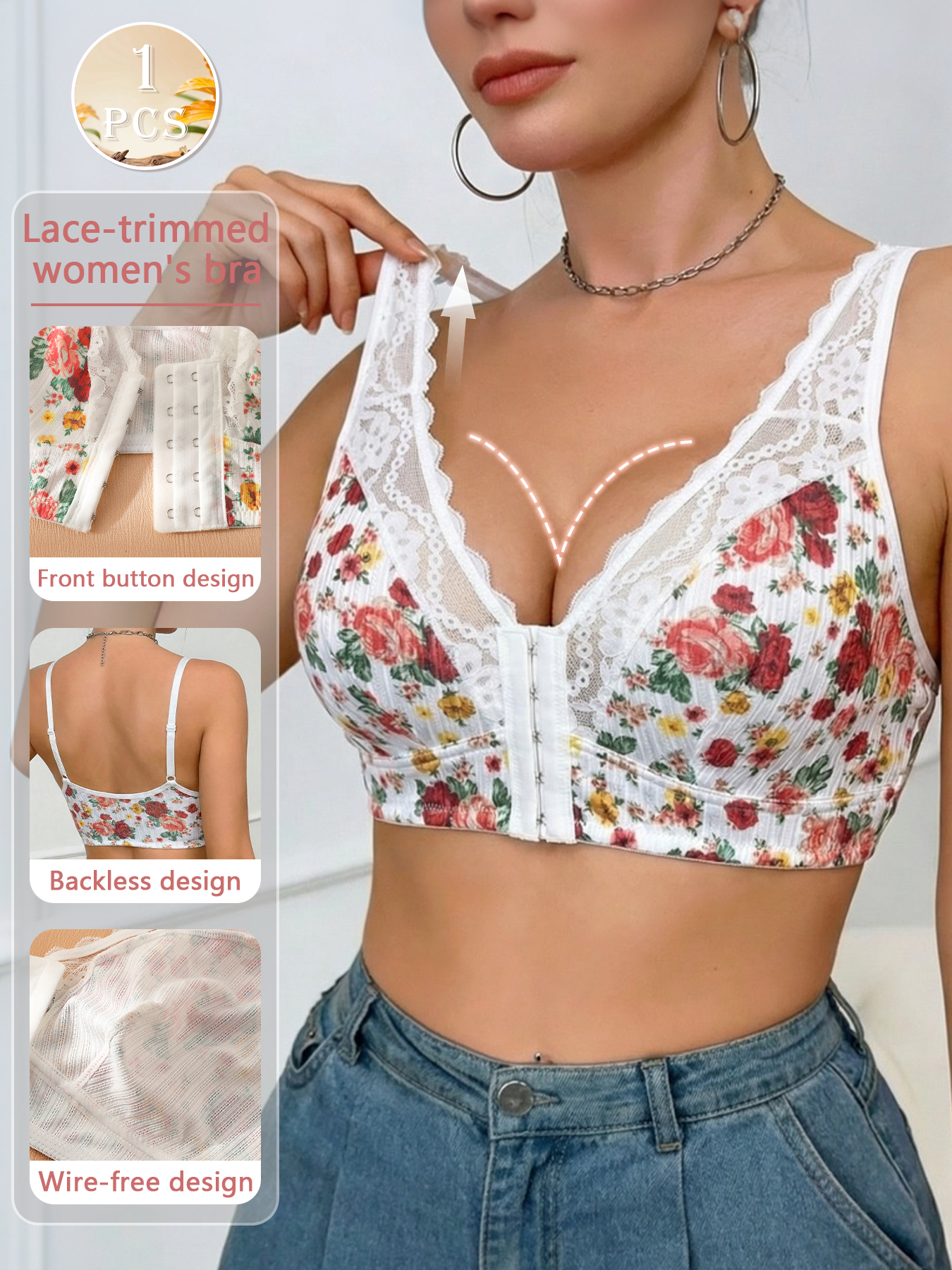 1pc Women's Floral Print Wirel - Wirefree Bra Comfort บทวิจารณ์และราคา